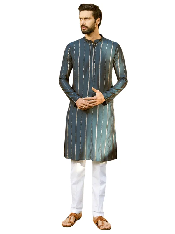 Men_Teal_And_Gold_Chanderi_Silk_Sequins_Kurta_With_Pyjama