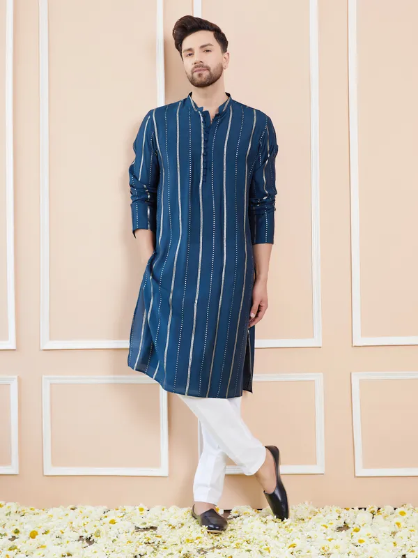 Men_Teal_And_Gold_Chanderi_Silk_Sequins_Kurta_With_Pyjama