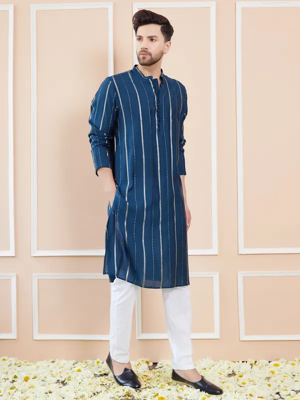 Men_Teal_And_Gold_Chanderi_Silk_Sequins_Kurta_With_Pyjama