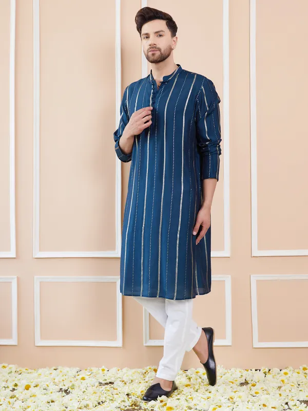 Blue_and_Gold_Sequins_Embroidered_Chanderi_Silk_Straight_Kurta_With_Pyjama