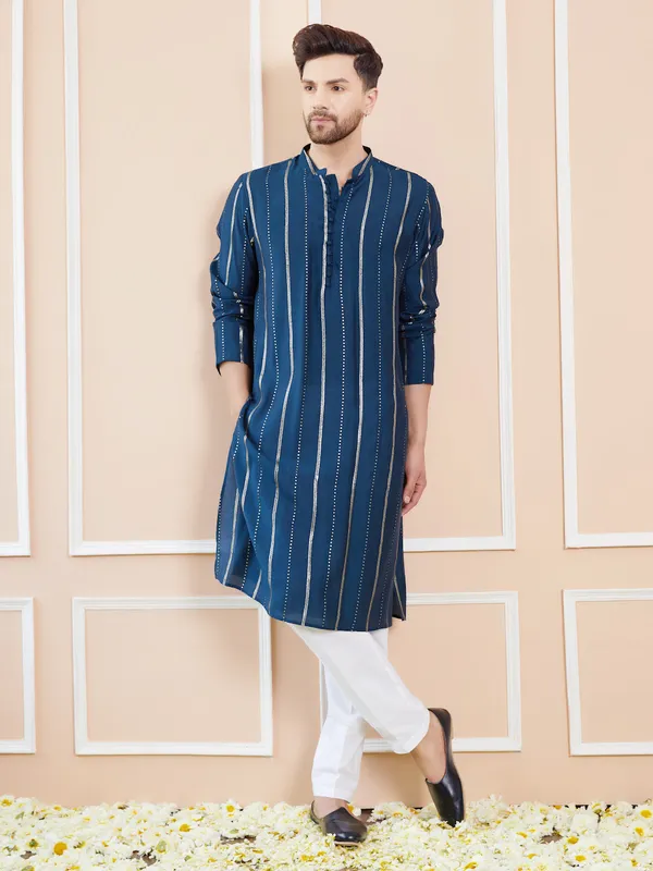 Blue_and_Gold_Sequins_Embroidered_Chanderi_Silk_Straight_Kurta_With_Pyjama