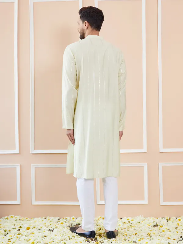 Men_Cream_And_Gold_Chanderi_Silk_Sequins_Kurta_With_Pyjama