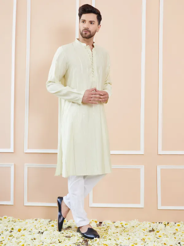 Cream_and_Gold_Sequins_Embroidered_Chanderi_Silk_Straight_Kurta_With_Pyjama