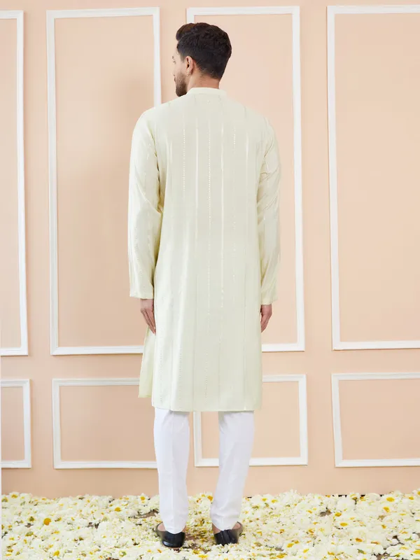 Cream_and_Gold_Sequins_Embroidered_Chanderi_Silk_Straight_Kurta_With_Pyjama