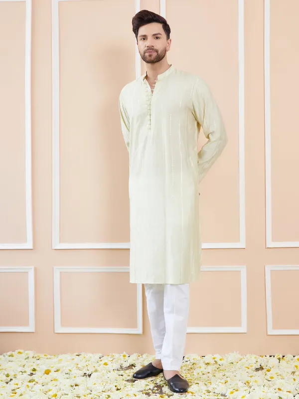 Cream_and_Gold_Sequins_Embroidered_Chanderi_Silk_Straight_Kurta_With_Pyjama