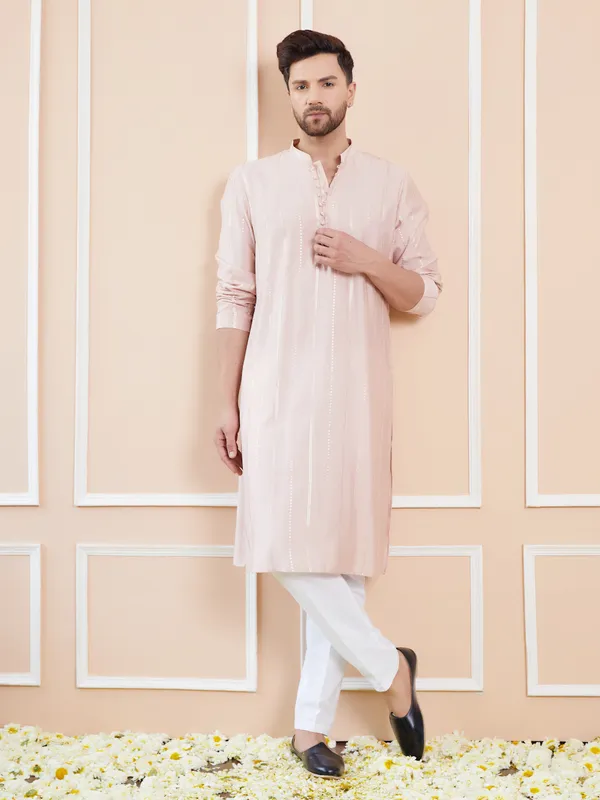 Men_Pink_And_Gold_Chanderi_Silk_Sequins_Kurta_With_Pyjama