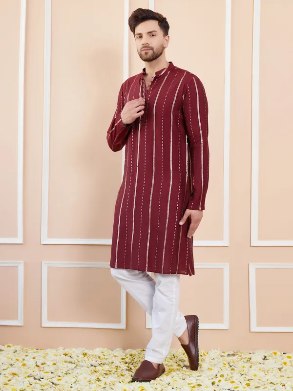 Men_Burgundy_And_Gold_Chanderi_Silk_Sequins_Kurta_With_Pyjama