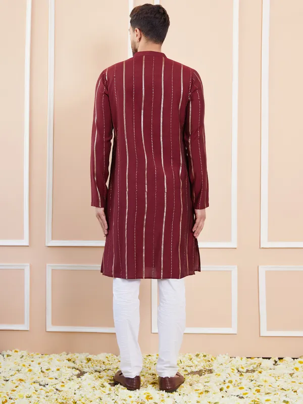 Men_Burgundy_And_Gold_Chanderi_Silk_Sequins_Kurta_With_Pyjama