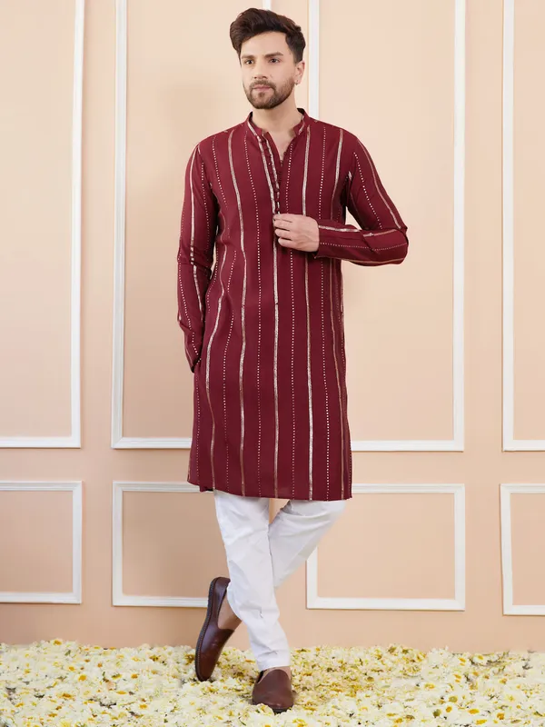 Men_Maroon_and_Gold_Sequins_Embroidered_Chanderi_Silk_Straight_Kurta_With_Pyjama