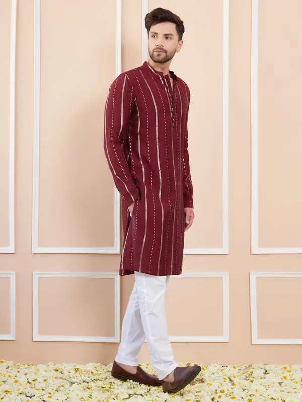 Men_Maroon_and_Gold_Sequins_Embroidered_Chanderi_Silk_Straight_Kurta_With_Pyjama