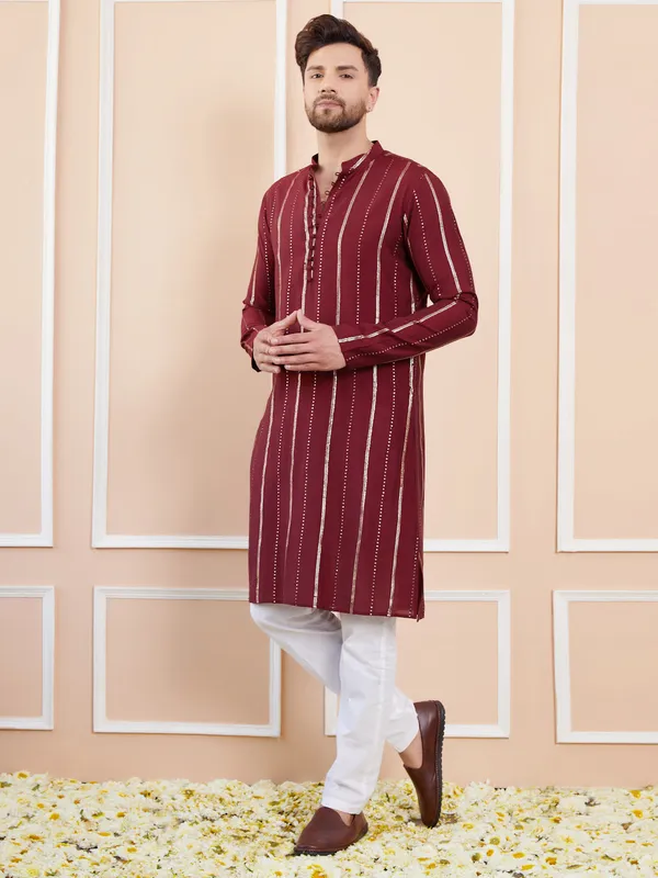 Men_Maroon_and_Gold_Sequins_Embroidered_Chanderi_Silk_Straight_Kurta_With_Pyjama