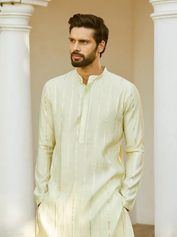 Men_Off_White_And_Gold_Chanderi_Silk_Sequins_Kurta_With_Pyjama