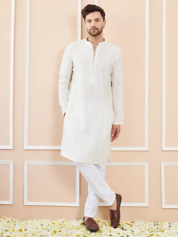 Men_Off_White_And_Gold_Chanderi_Silk_Sequins_Kurta_With_Pyjama