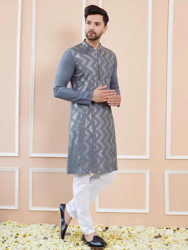 Men_Grey_And_Gold_Rayon_Embroidery_Sequins_Kurta_With_Pyjama