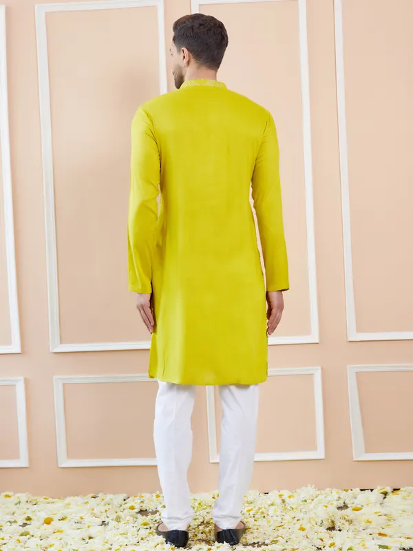 Men_Lime_Green_Sequins_Embroidered_Chanderi_Silk_Straight_Kurta_With_Pajama