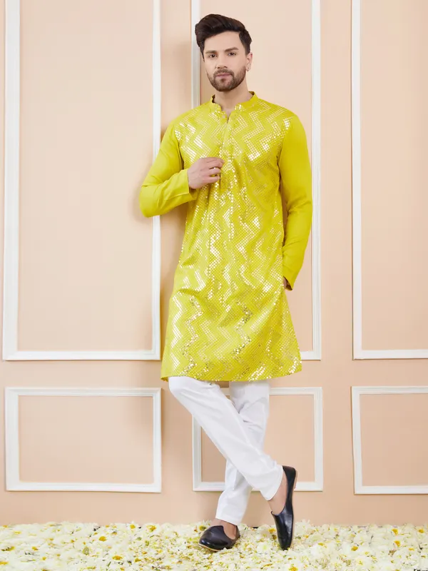 Men_Lime_Green_And_Gold_Rayon_Embroidery_Sequins_Kurta_With_Pyjama
