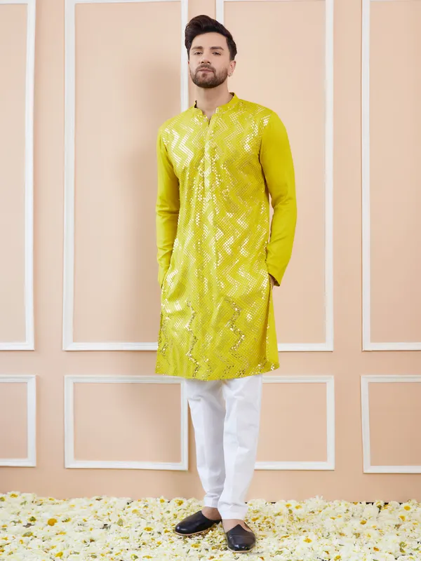 Men_Lime_Green_Sequins_Embroidered_Chanderi_Silk_Straight_Kurta_With_Pajama