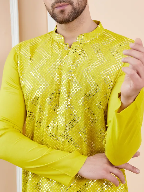 Men_Lime_Green_Sequins_Embroidered_Chanderi_Silk_Straight_Kurta_With_Pajama