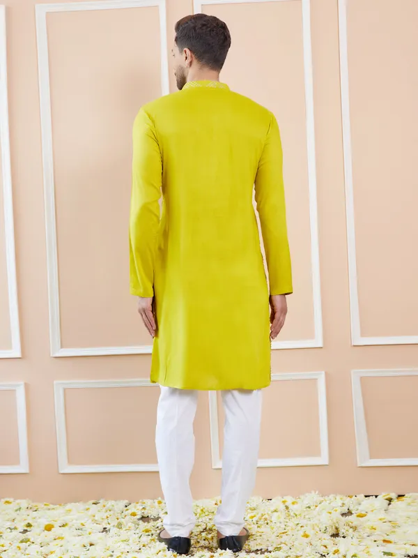 Men_Lime_Green_Sequins_Embroidered_Chanderi_Silk_Straight_Kurta_With_Pajama