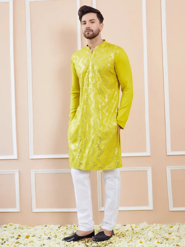 Men_Lime_Green_Sequins_Embroidered_Chanderi_Silk_Straight_Kurta