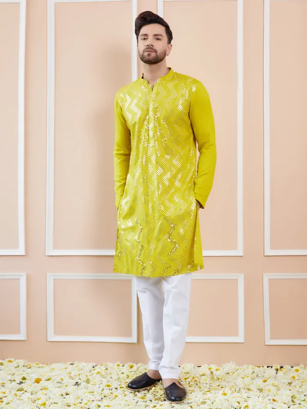 Men_Lime_Green_Sequins_Embroidered_Chanderi_Silk_Straight_Kurta