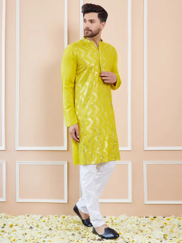 Men_Lime_Green_Sequins_Embroidered_Chanderi_Silk_Straight_Kurta
