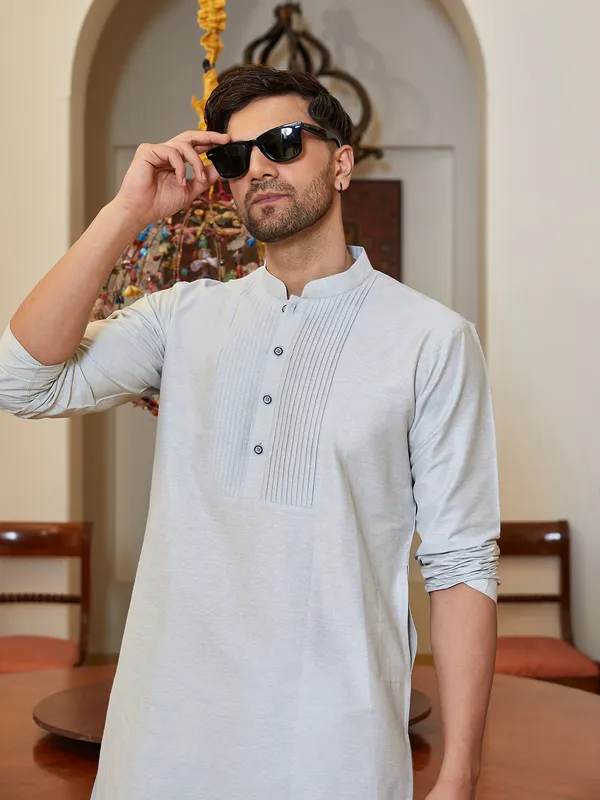 Men_Grey_Cotton_Silk_Pintex_Yock_Design_Kurta_With_Pyjama