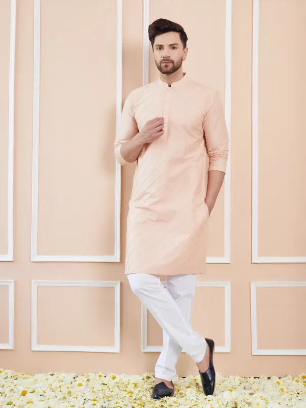 Men_Peach_Cotton_Silk_Pintex_Design_Thread_Work_Kurta_With_Pyjama