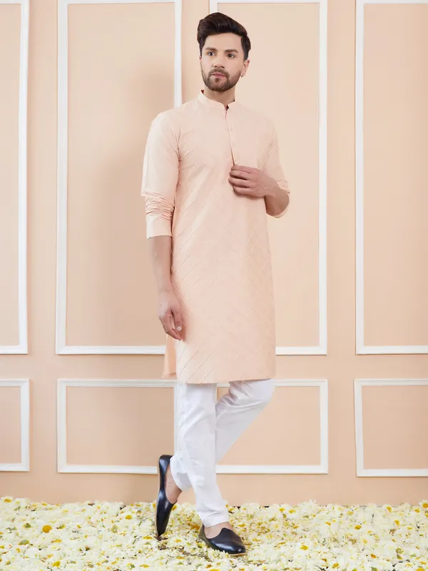Men_Peach_Cotton_Silk_Pintex_Design_Thread_Work_Kurta_With_Pyjama