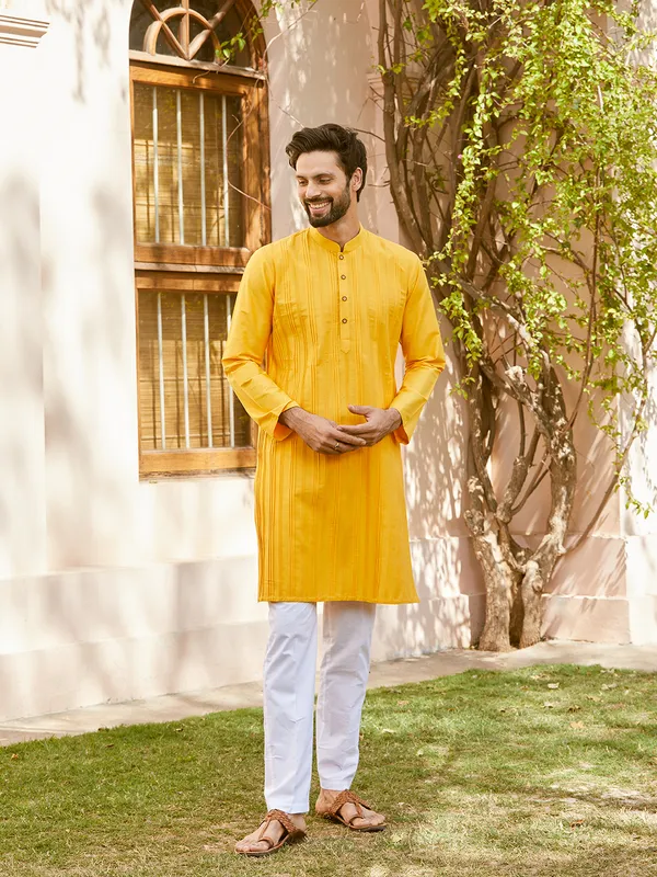 Men_Mustard_Cotton_Silk_Pintex_Design_Thread_Work_Kurta_With_Pyjama