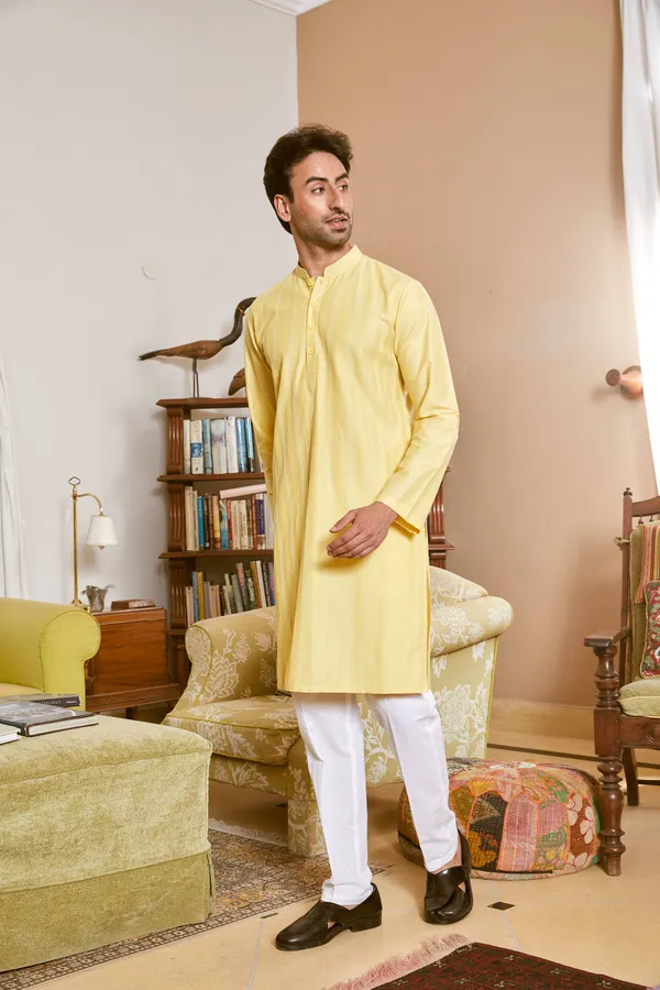 Men_Yellow_Cotton_Silk_Pintex_Design_Thread_Work_Kurta_With_Pyjama