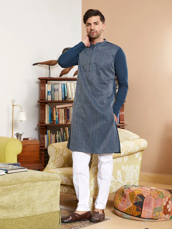 Men_Teal_Cotton_Pintex_Design_Multi_Thread_Work_Kurta_With_Pyjama