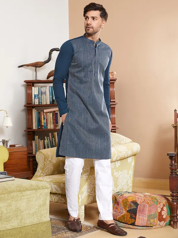 Men_Teal_Cotton_Pintex_Design_Multi_Thread_Work_Kurta_With_Pyjama