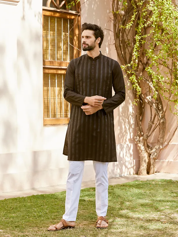 Men_Black_Cotton_Pintex_Design_Thread_Work_Kurta_With_Pyjama
