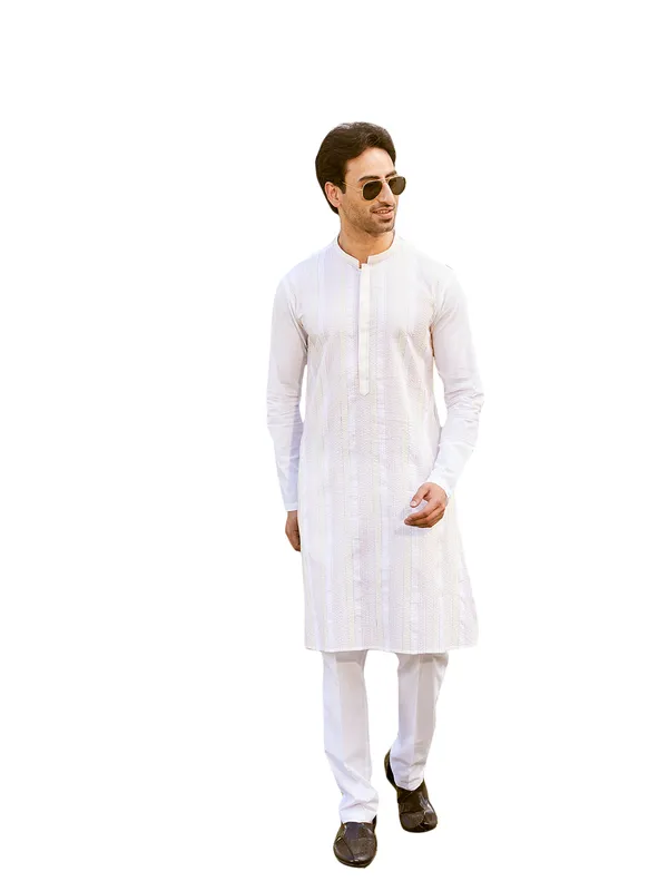 Men_White_Cotton_Pintex_Design_Multi_Thread_Work_Kurta_With_Pyjama