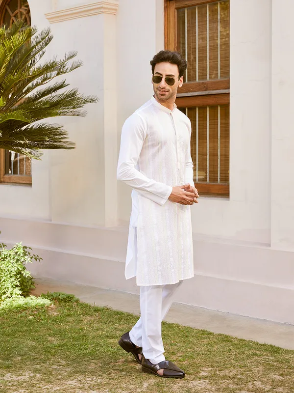 Men_White_Cotton_Pintex_Design_Multi_Thread_Work_Kurta_With_Pyjama