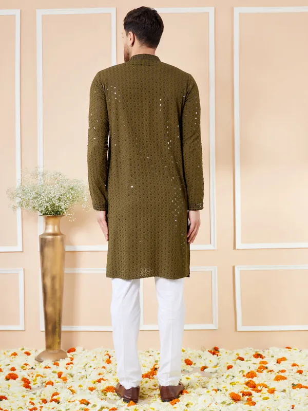 Olive_Sequins_Embroidered_Rayon_Kurta_with_Pyjama