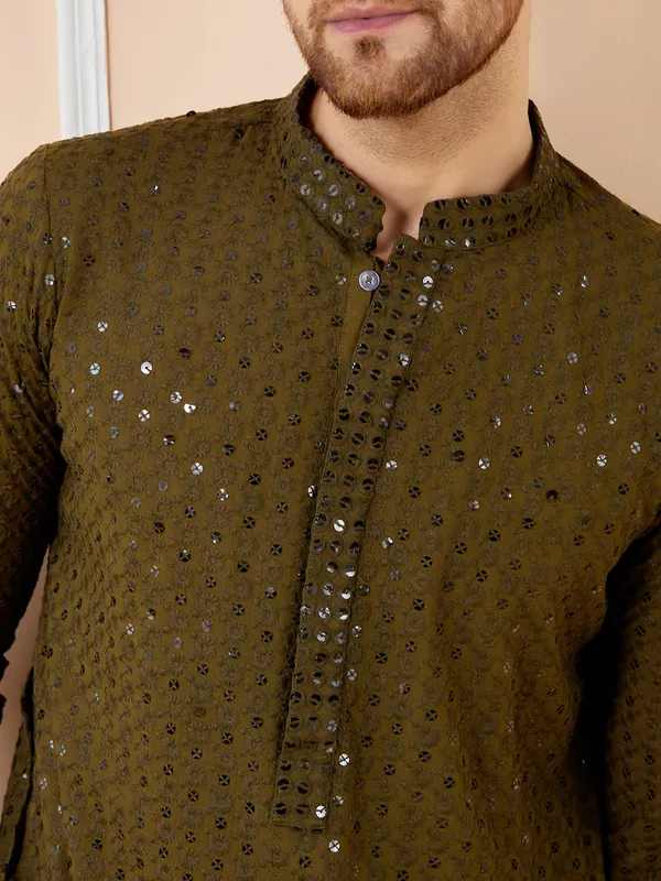 Olive_Sequins_Embroidered_Rayon_Kurta_with_Pyjama