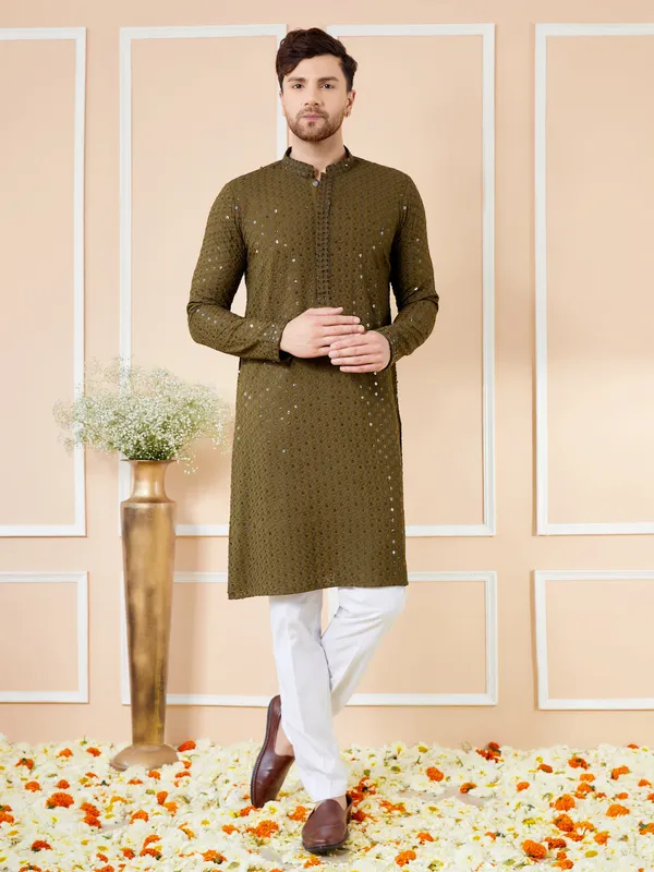 Olive_Sequins_Embroidered_Rayon_Kurta_with_Pyjama