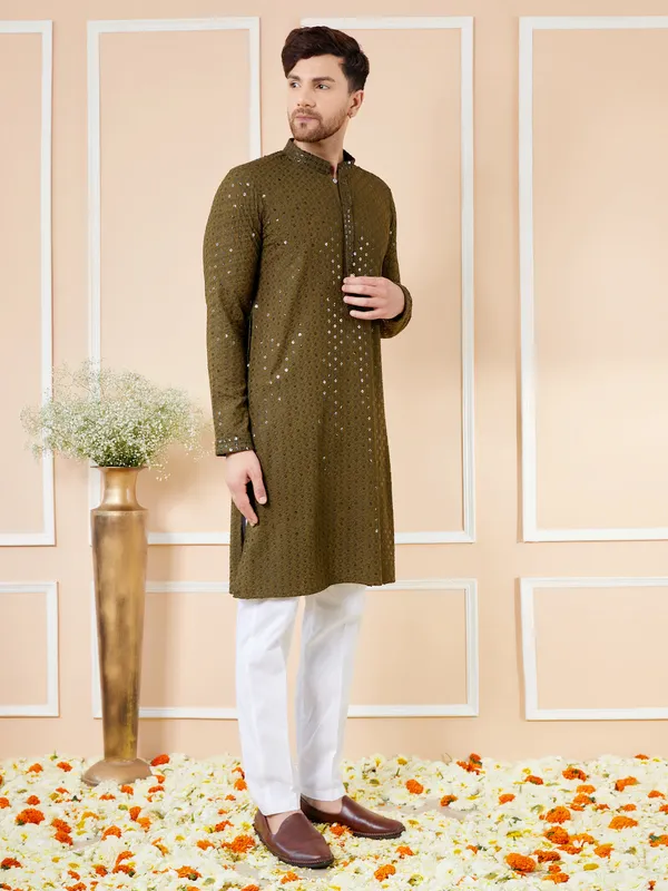 Olive_Sequins_Embroidered_Rayon_Kurta