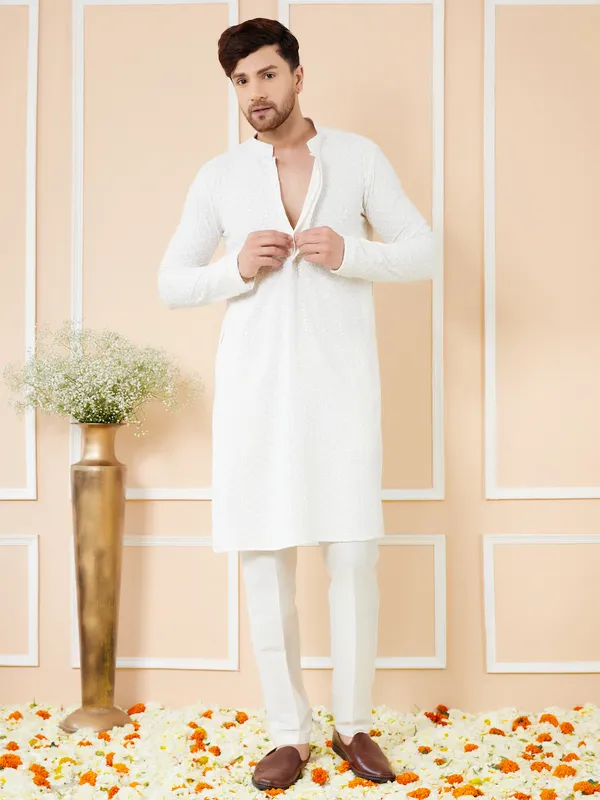 White_Sequins_Embroidered_Rayon_Kurta_with_Pyjama