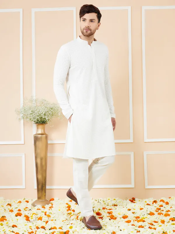 White_Sequins_Embroidered_Rayon_Kurta_with_Pyjama
