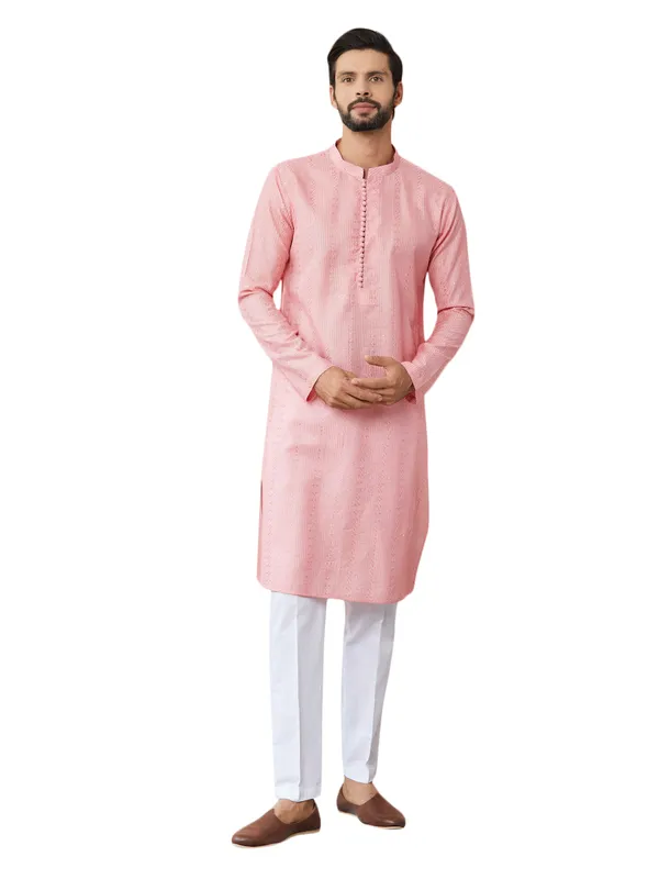 Pink_Embroidered_Thread_Work_Sequinned_Chanderi_Silk_Straight_Kurta_With_Pyjama