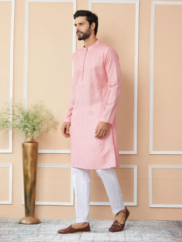 Pink_Embroidered_Thread_Work_Sequinned_Chanderi_Silk_Straight_Kurta_with_Pyjama