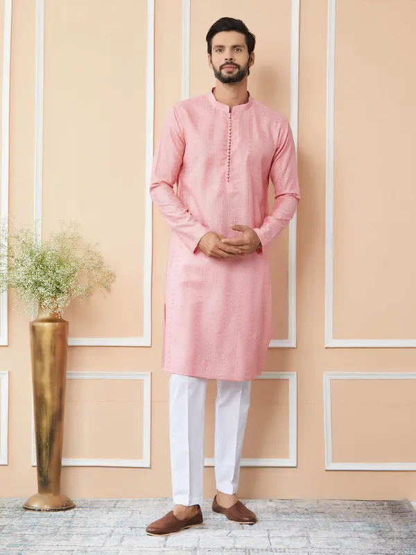 Pink_Embroidered_Thread_Work_Sequinned_Chanderi_Silk_Straight_Kurta_with_Pyjama