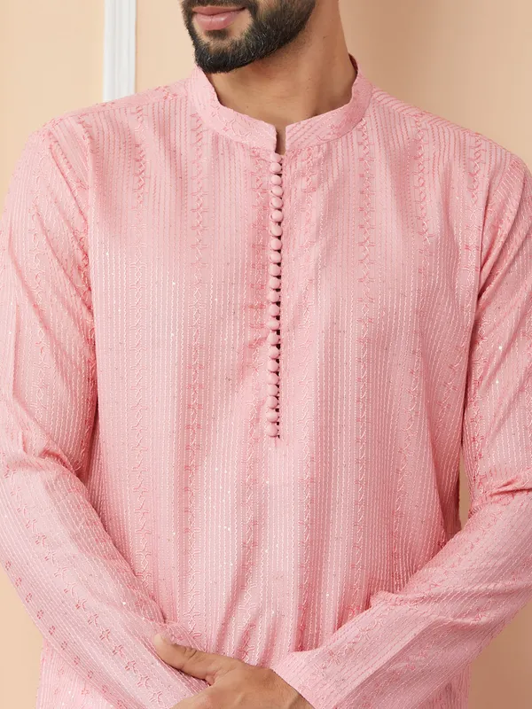 Pink_Embroidered_Thread_Work_Sequinned_Chanderi_Silk_Straight_Kurta_with_Pyjama