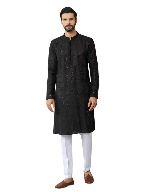 Black_Embroidered_Thread_Work_Sequinned_Chanderi_Silk_Straight_Kurta_with_Pyjama