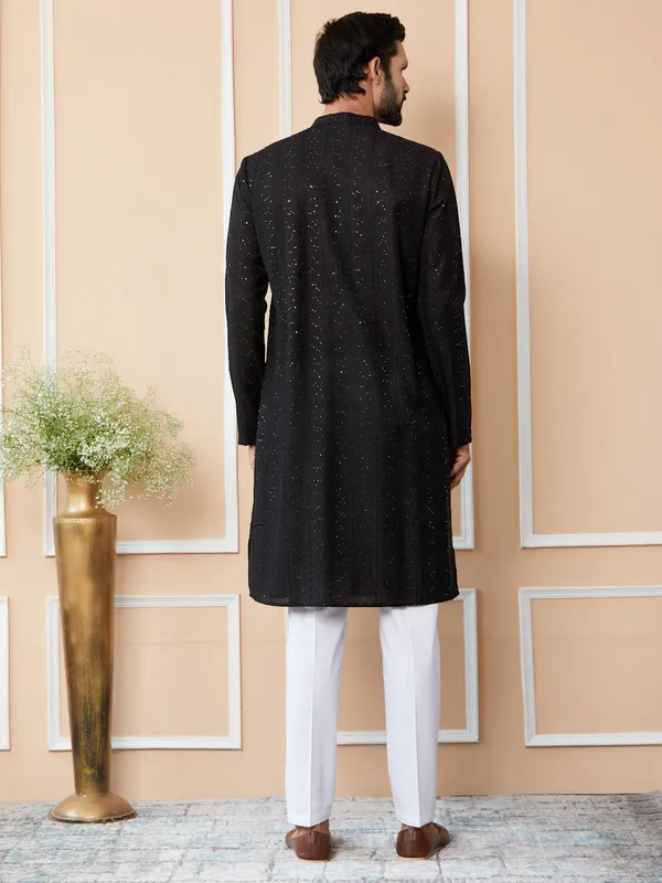 Black_Embroidered_Thread_Work_Sequinned_Chanderi_Silk_Straight_Kurta_with_Pyjama