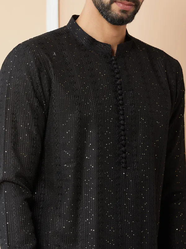 Black_Embroidered_Thread_Work_Sequinned_Chanderi_Silk_Straight_Kurta_with_Pyjama