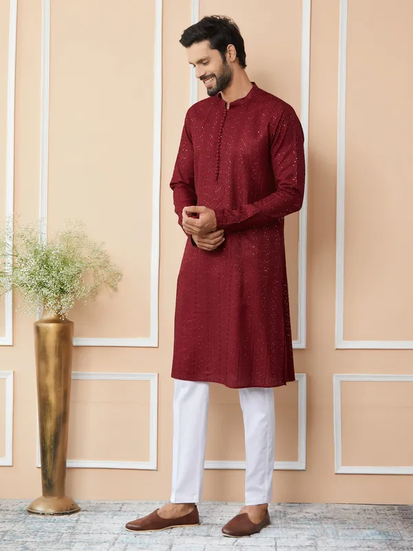 Dark_Maroon_Embroidered_Thread_Work_Sequinned_Chanderi_Silk_Straight_Kurta_With_Pyjama